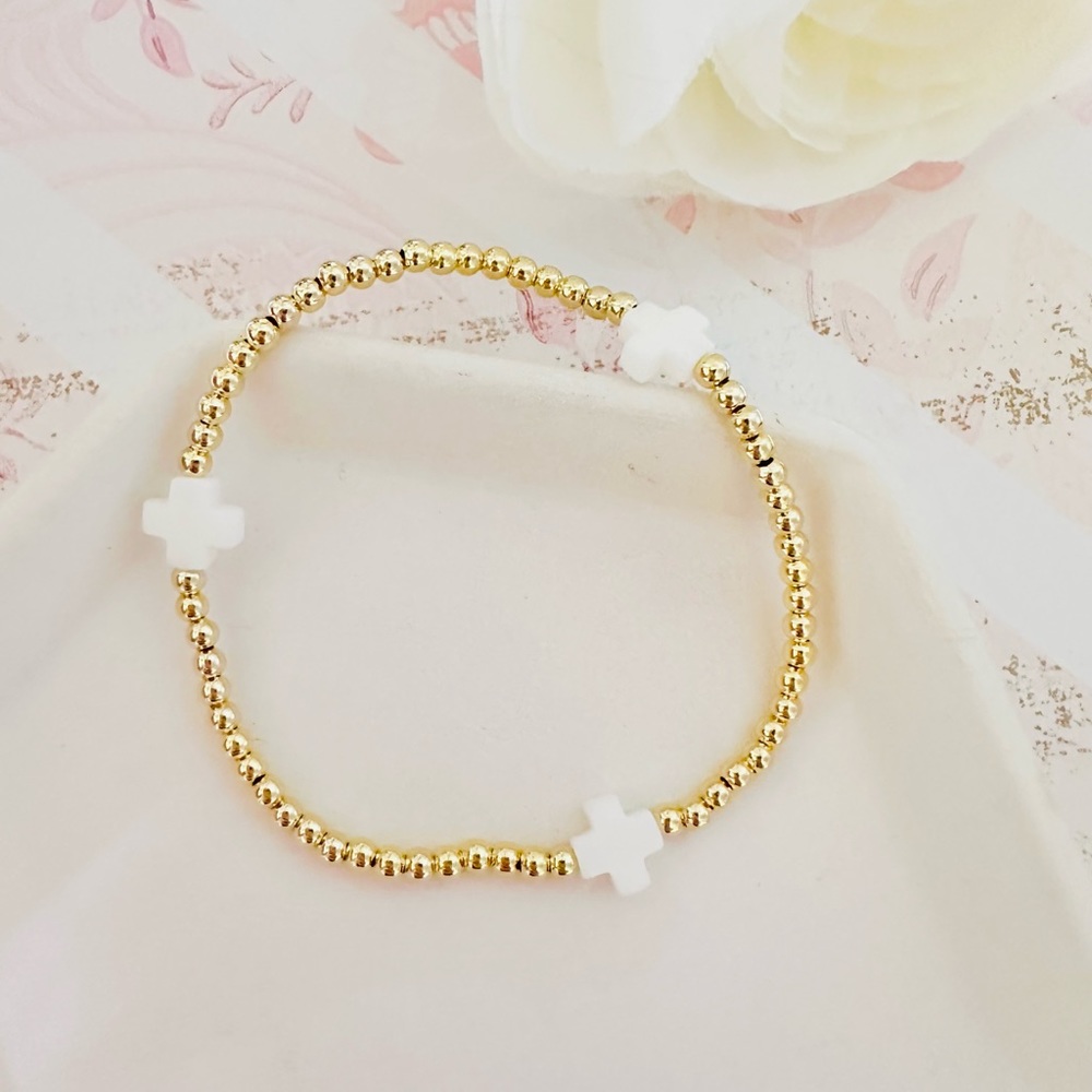 Preppy White Cross Faith Gold Beaded Bracelet ✝️ - Picture 2 of 4